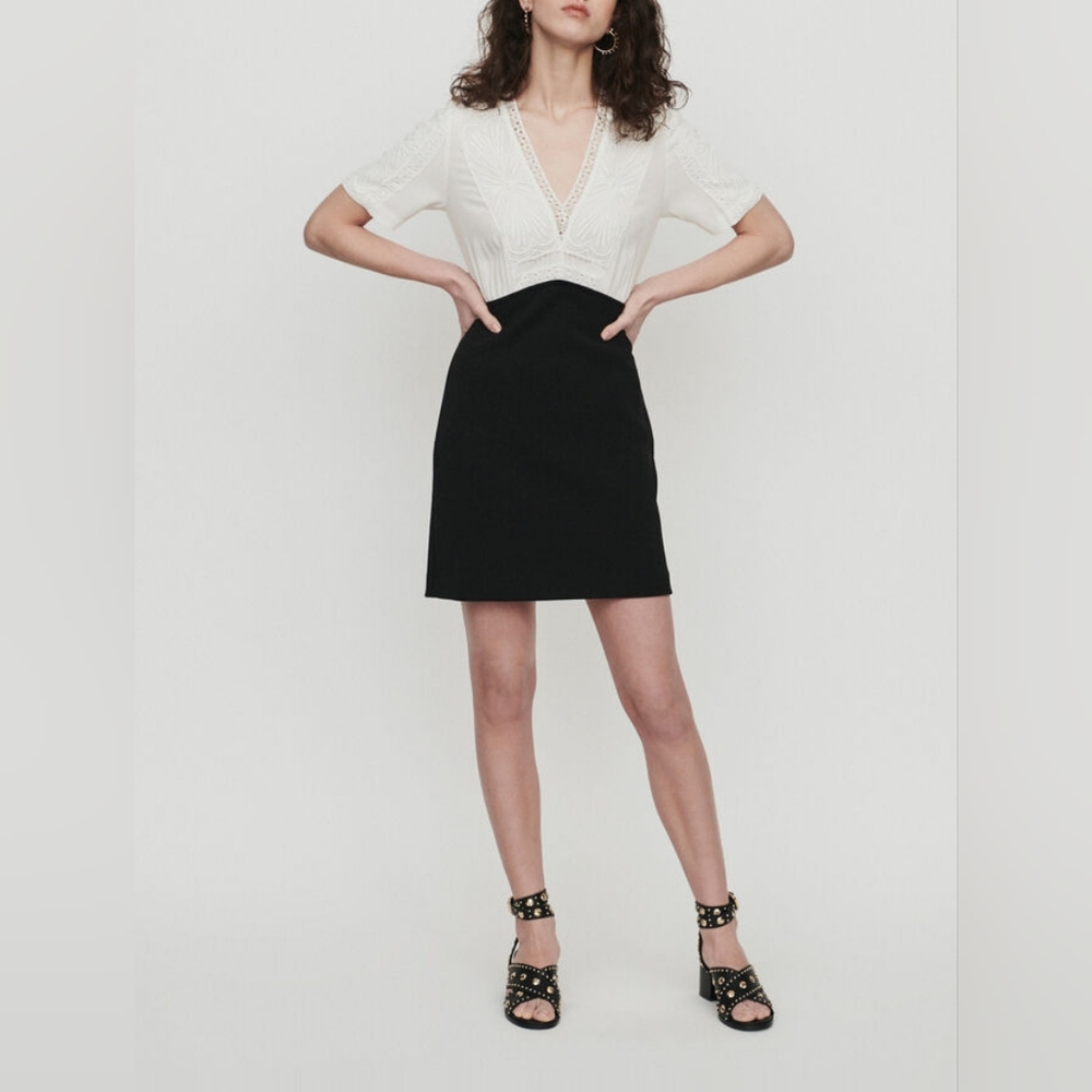 Maje Ravelle Lace-Inset Ceep V Neck Colorblock Mini Dress Ptp 17" Sz 3 UK / L US - Picture 5 of 16